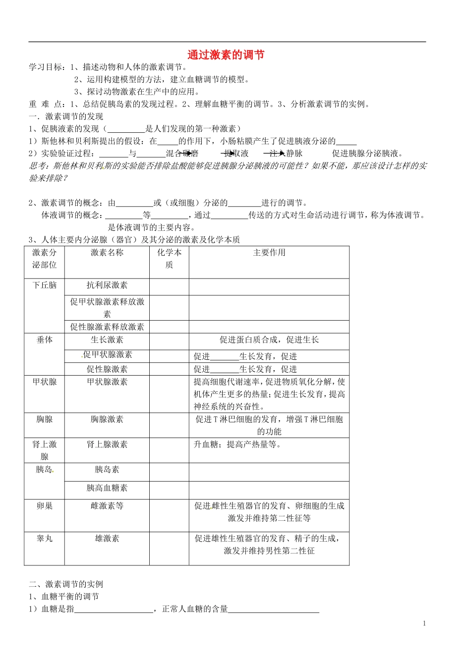 山东省巨野一中高中生物《激素调节》学案 新人教版必修3_第1页