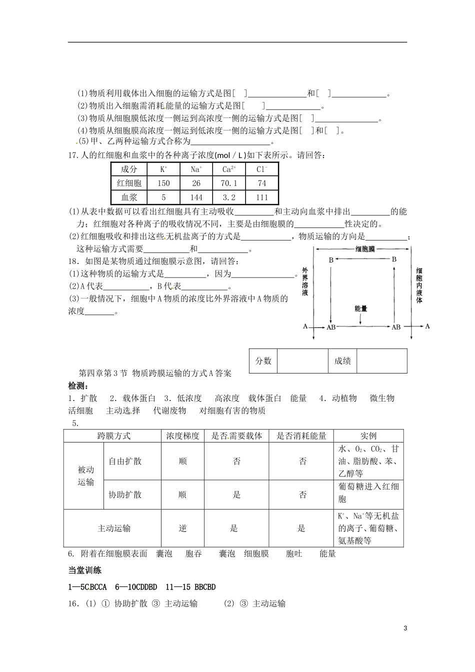山东省淄博市高青县第三中学2103级高中生物 物质跨膜运输的方式导学案A 新人教版必修1_第3页