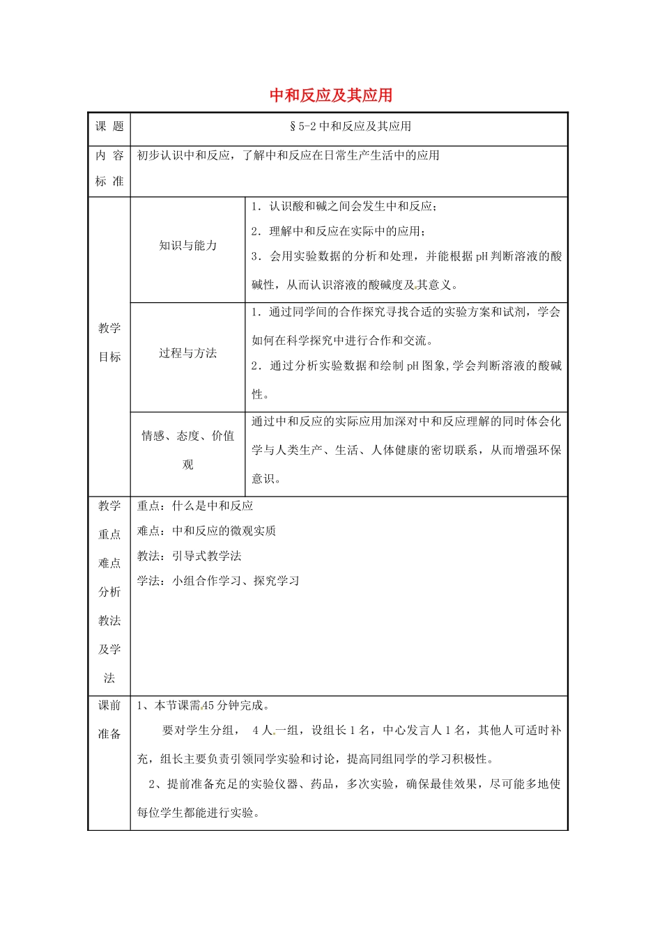 九年级化学 第五单元第二节 中和反应及其应用教案 鲁教版_第1页