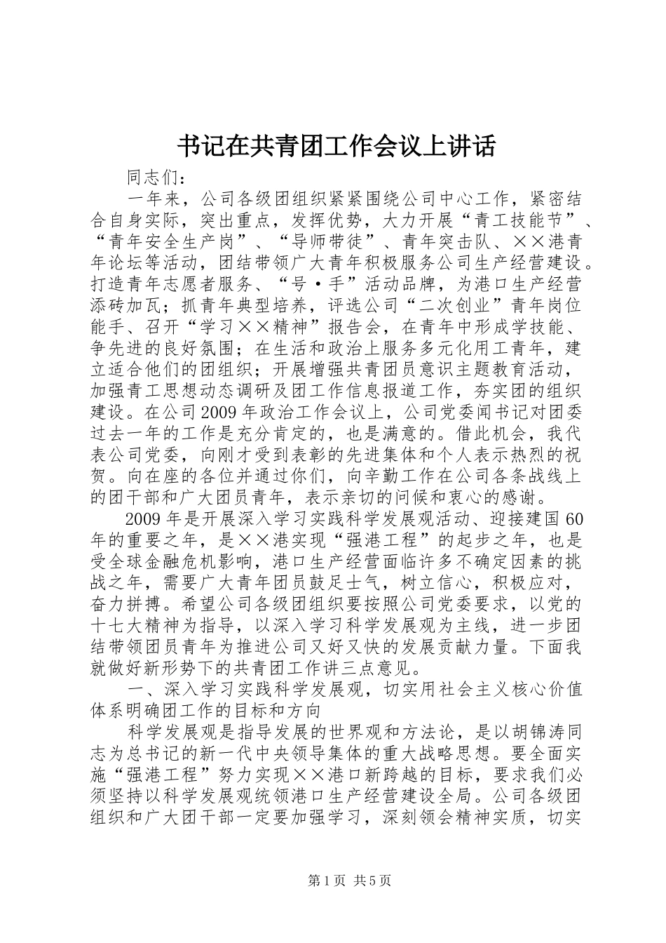 书记在共青团工作会议上讲话发言_第1页