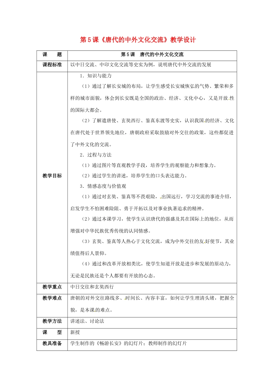七年级历史下册 1.5《唐代的中外文化交流》教案 华东师大版_第1页