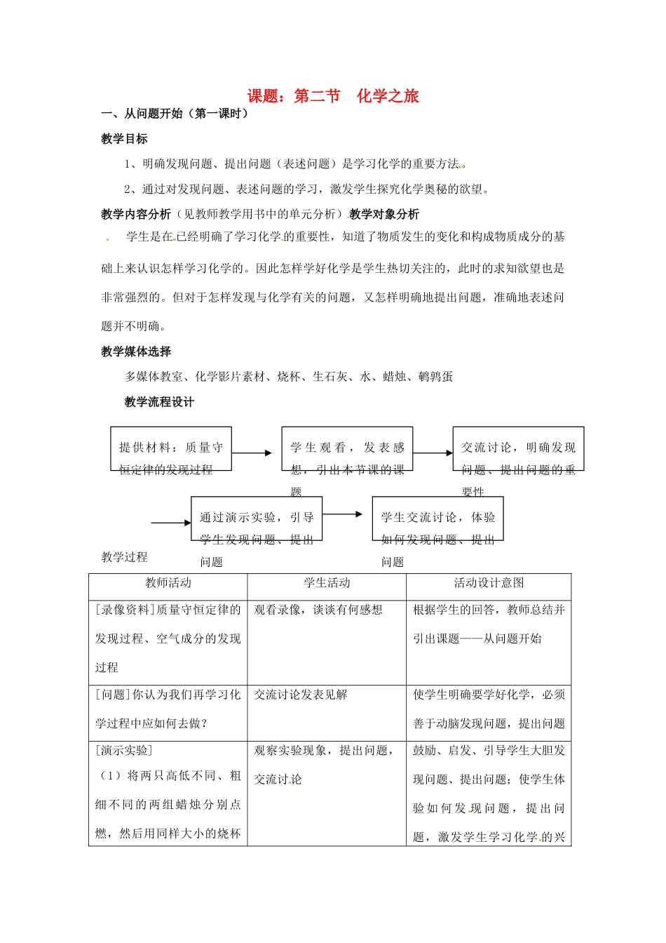 九年级化学 1.2 化学之旅教案2 鲁教版_第1页