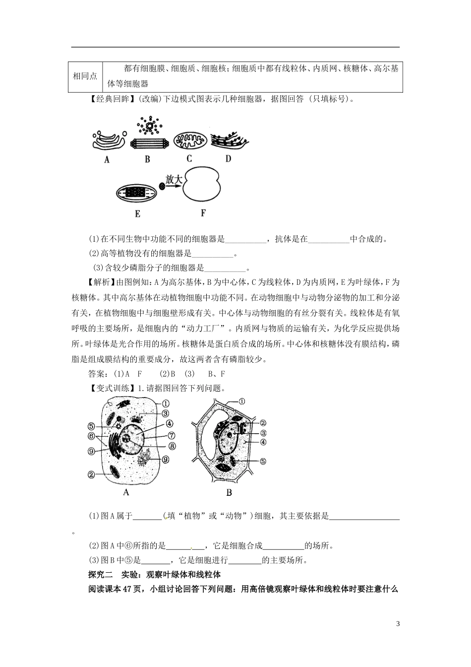 重庆市万州分水中学高中生物《3.2 细胞器 系统内的分工合作1》学案 新人教版必修1_第3页