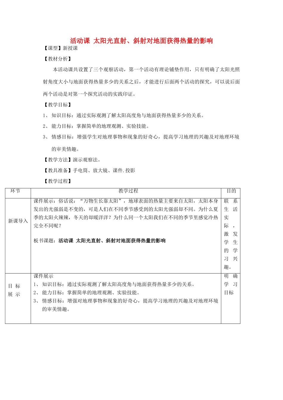 七年级地理上册 第1章活动课 太阳光直射、斜射对面获得热量的影响教案 （新版）商务星球版-（新版）商务星球版初中七年级上册地理教案_第1页