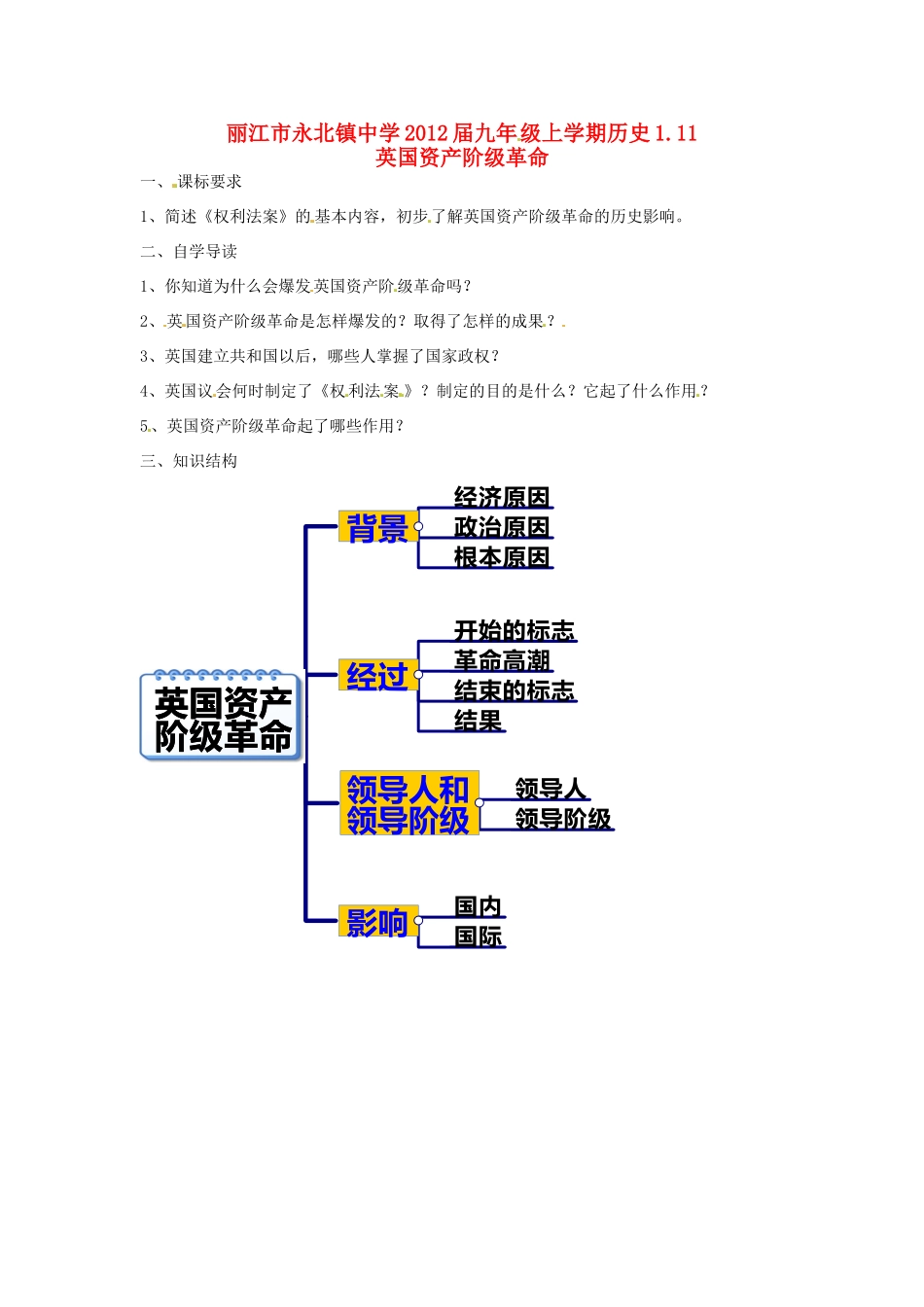云南省丽江市永北镇中学2012届九年级历史上册 1.11英国资产阶级革命教案 人教新课标版_第1页