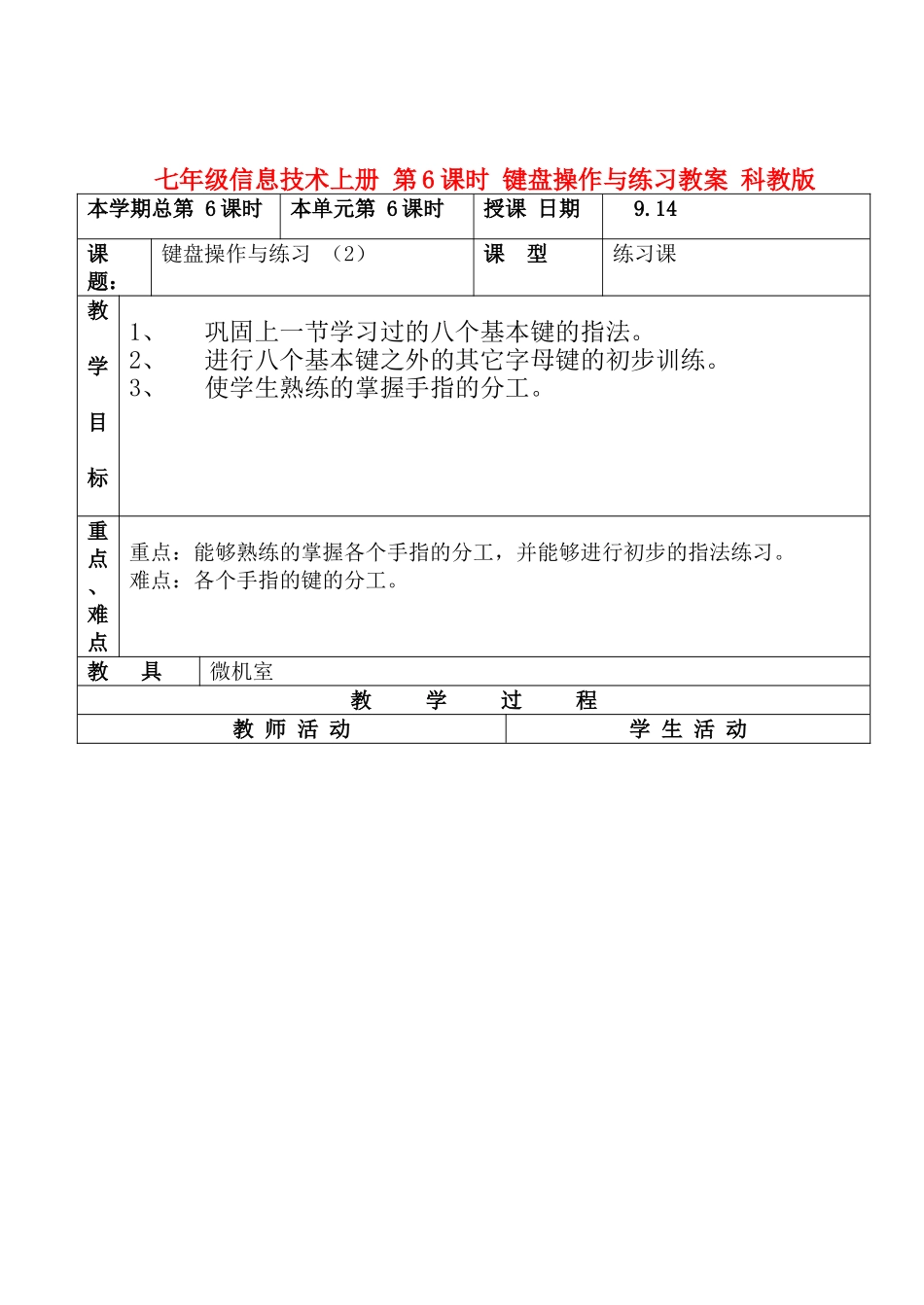 七年级信息技术上册 第6课时 键盘操作与练习教案 科教版_第1页