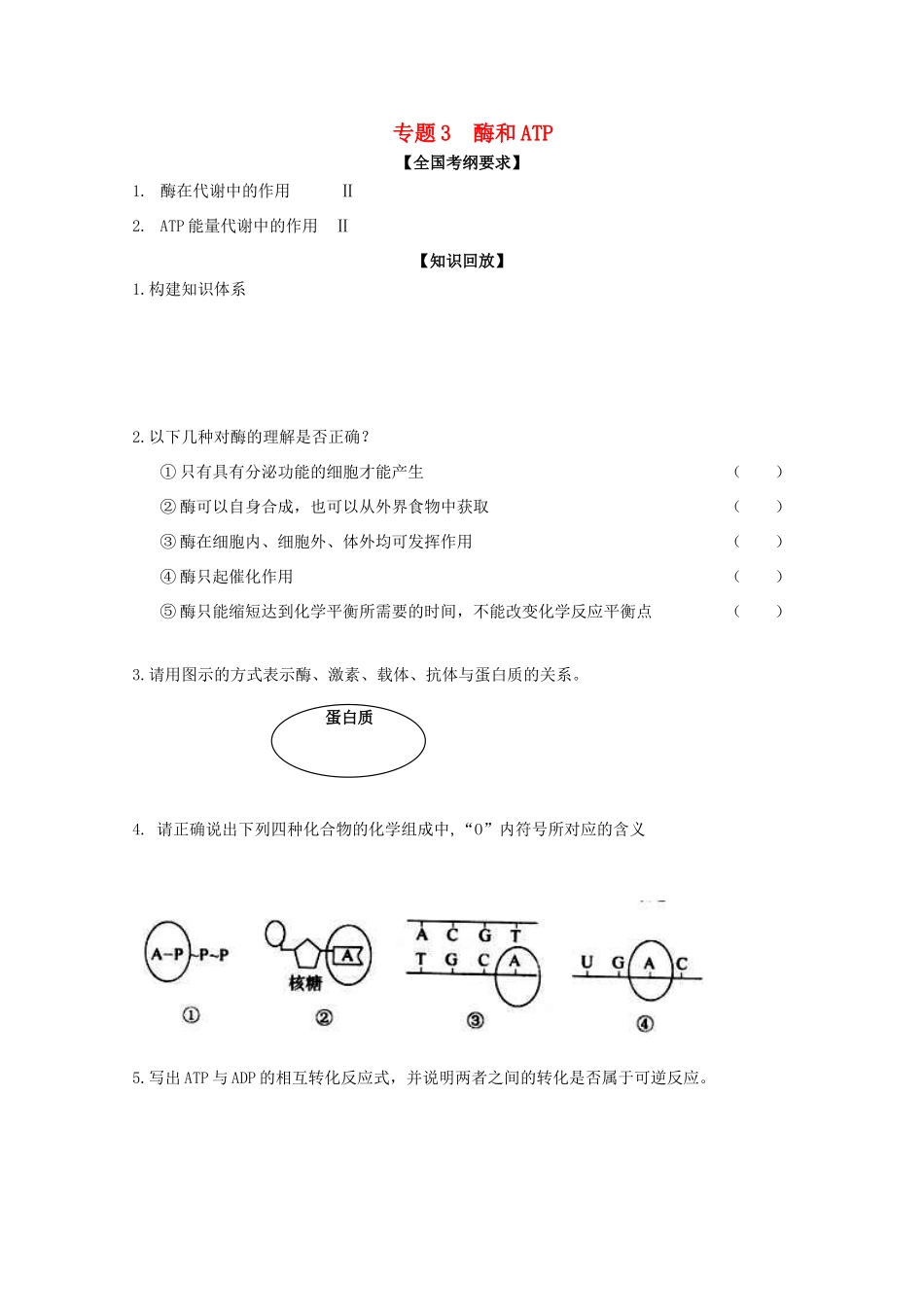山东省单县五中高三生物二轮复习 专题3 酶和ATP导学案-人教版高三全册生物学案_第1页