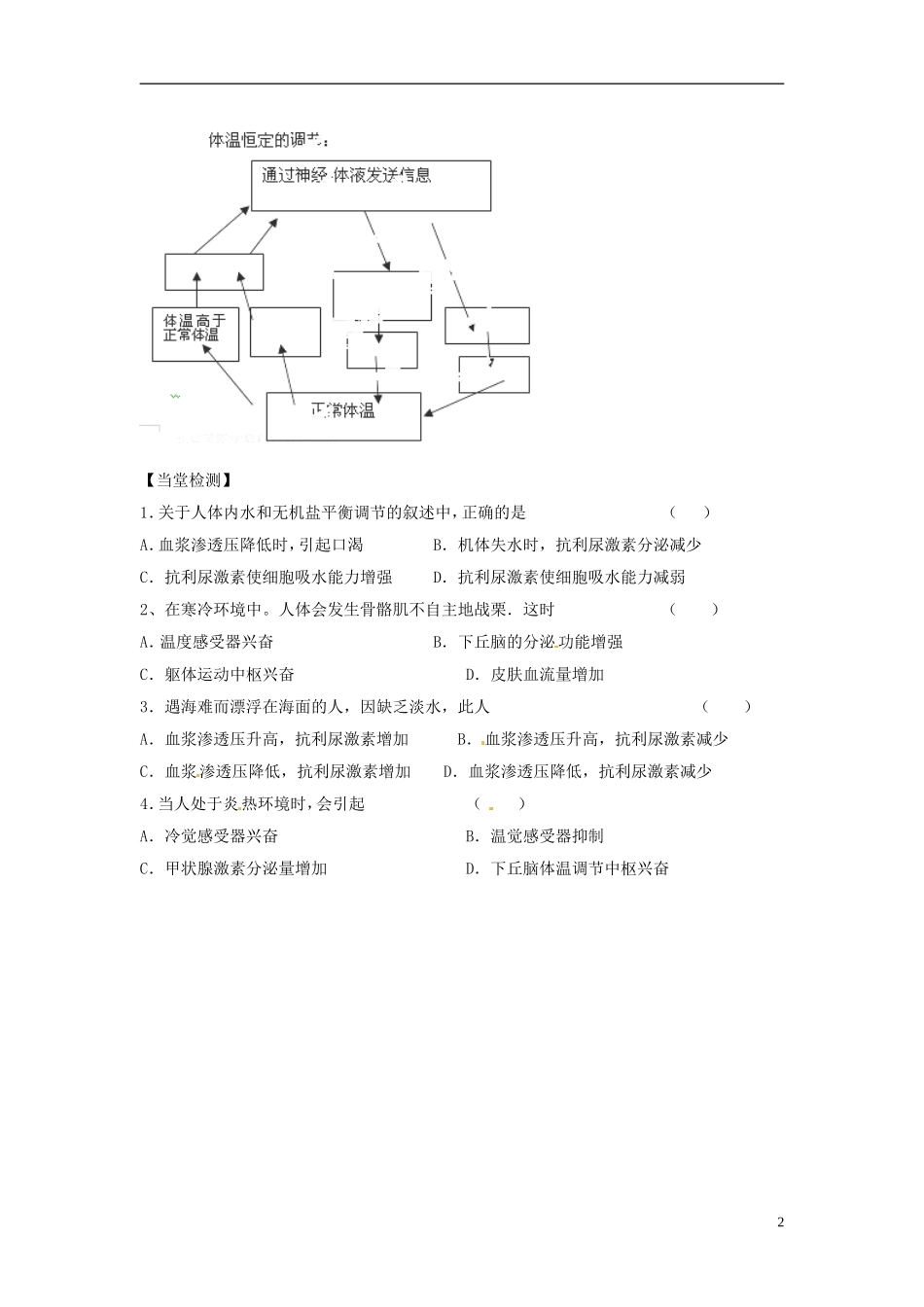 陕西省西安市田家炳中学高中生物 2.3 神经调节与体液调节的关系学案 新人教版必修3_第2页