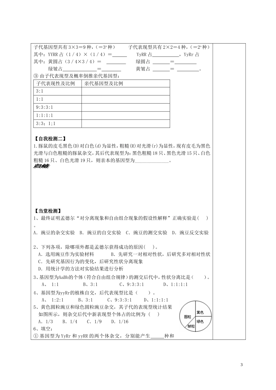 山东省文登市教育教学研究培训中心高中生物 第一章 第二节 孟德尔的豌豆杂交实验（二）（2）学案 新人教版必修2_第3页