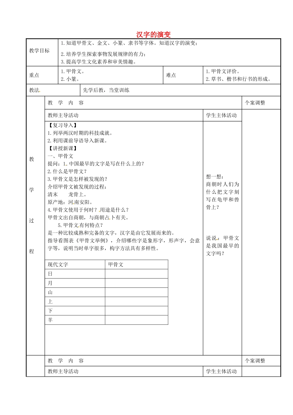 七年级历史上册 第20课 汉字的演变教案 川教版-川教版初中七年级上册历史教案_第1页