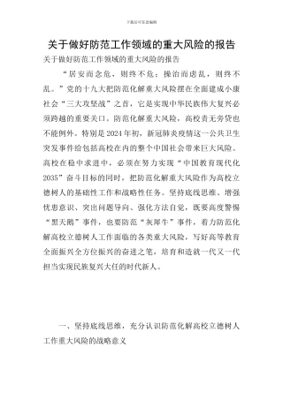 关于做好防范工作领域的重大风险的报告