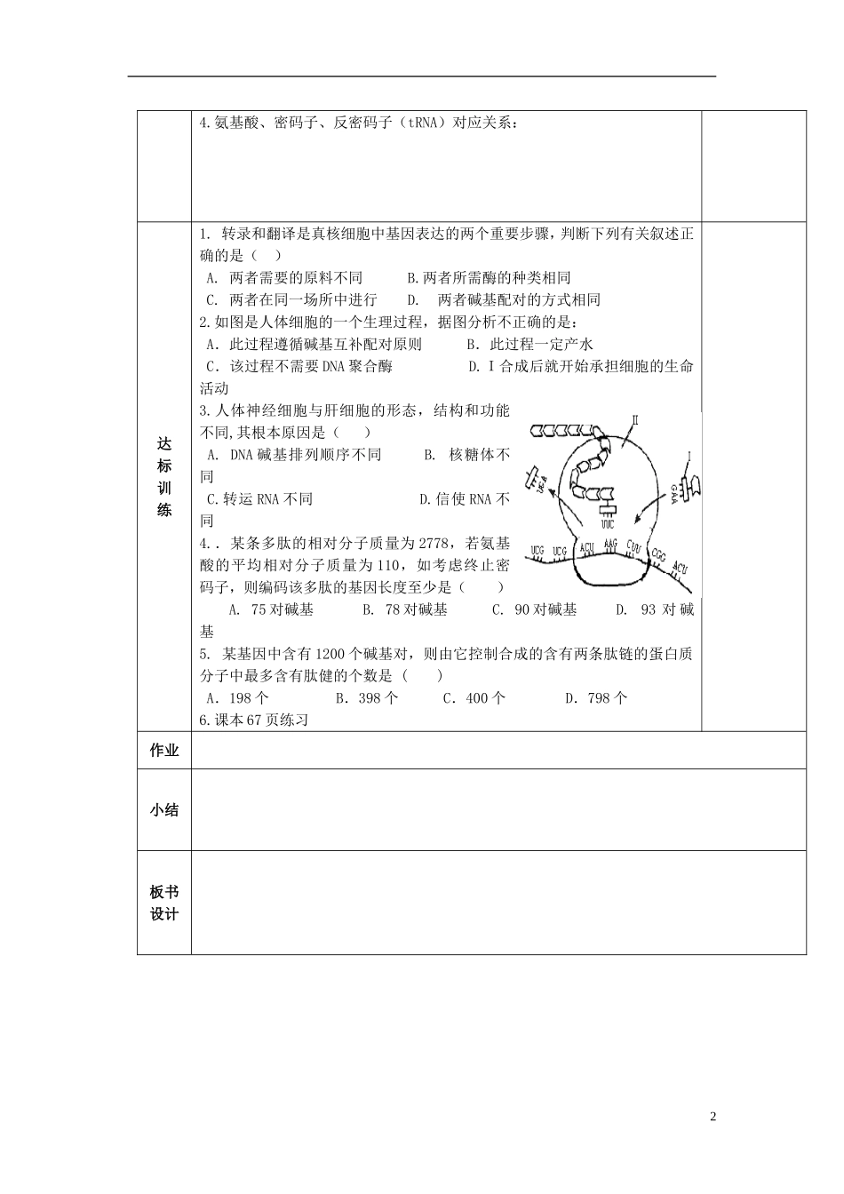 陕西省西安交大阳光中学高中生物 第4章 第1节 基因指导蛋白质的合成（第2课时）学案 新人教版必修2_第2页