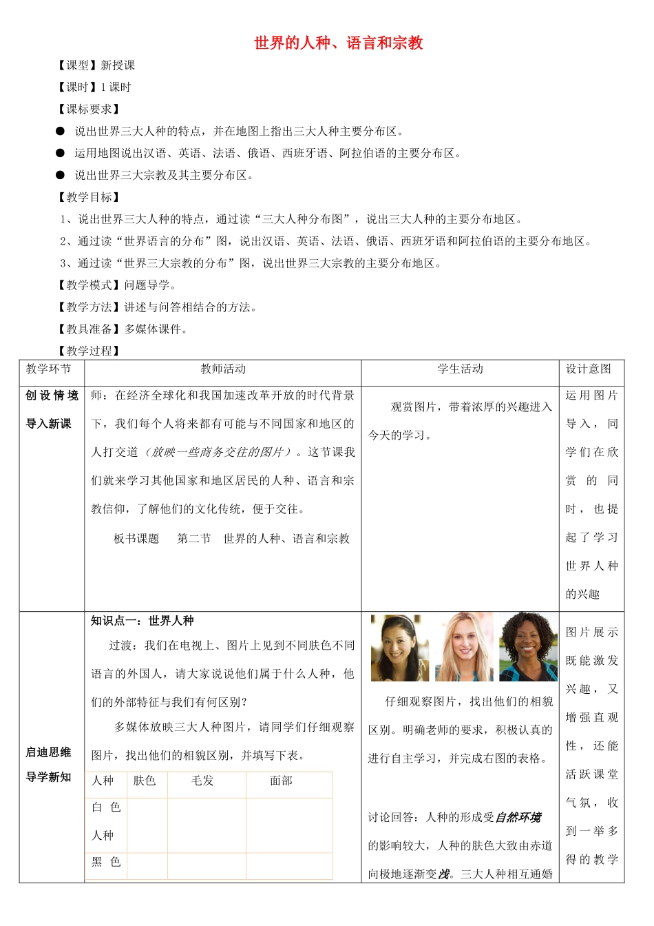 七年级地理上册 5.2世界的人种、语言和宗教教案 （新版）商务星球版-（新版）商务星球版初中七年级上册地理教案_第1页