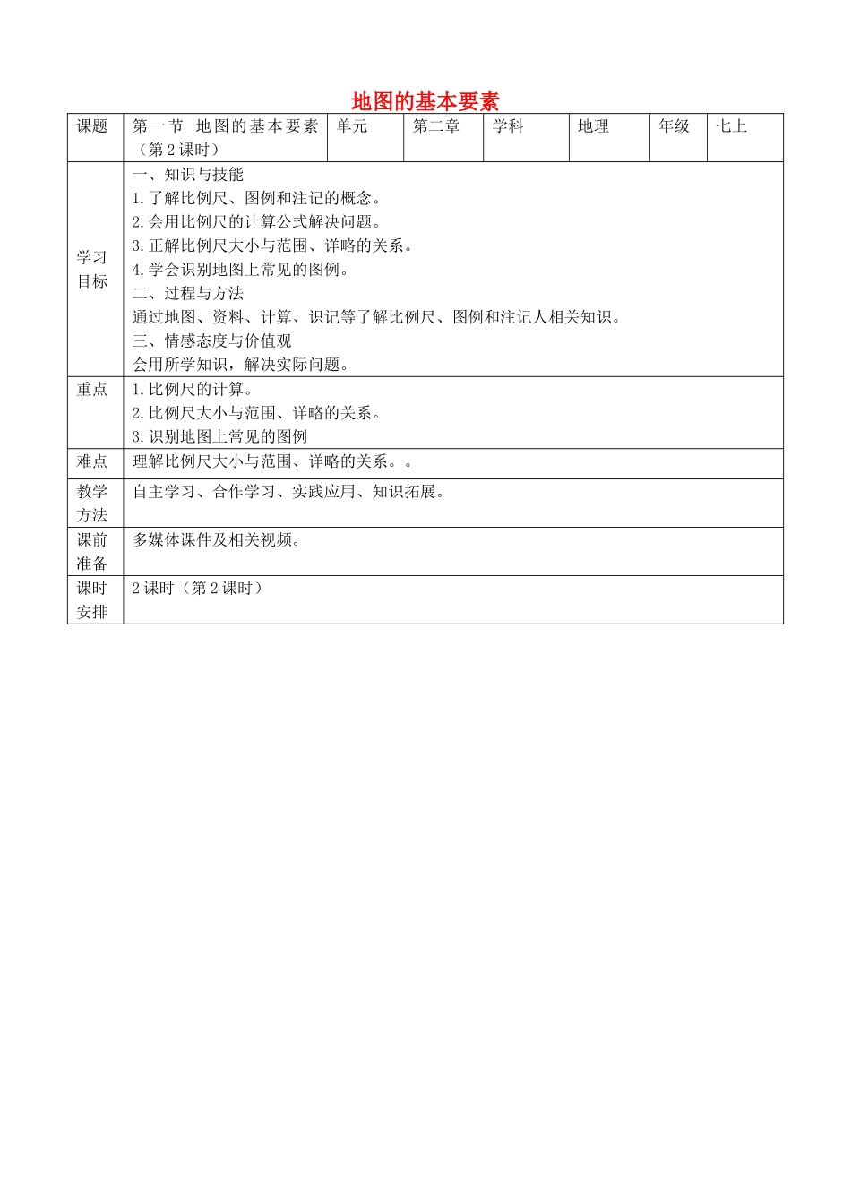 七年级地理上册 2.1 地图的基本要素（第2课时）教案 （新版）商务星球版-（新版）商务星球版初中七年级上册地理教案_第1页