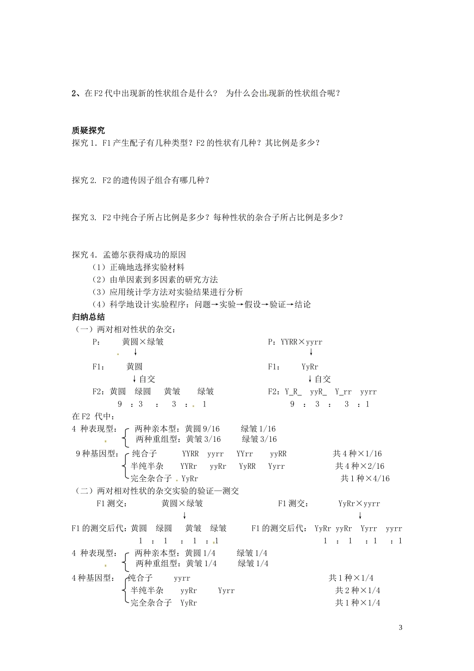 四川省岳池县第一中学高中生物 1.2 两对相对性状的遗传实验和基因自由组合定律的实质（第1课时）学案 新人教版必修2_第3页