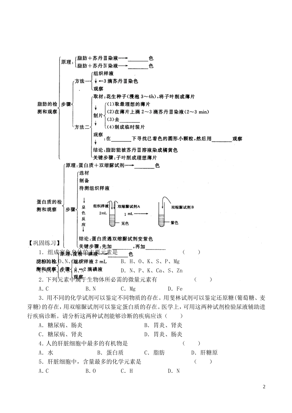 山西省运城市康杰中学高中生物 第二章第1节 细胞中的元素和化合物学案 新人教版必修1_第2页
