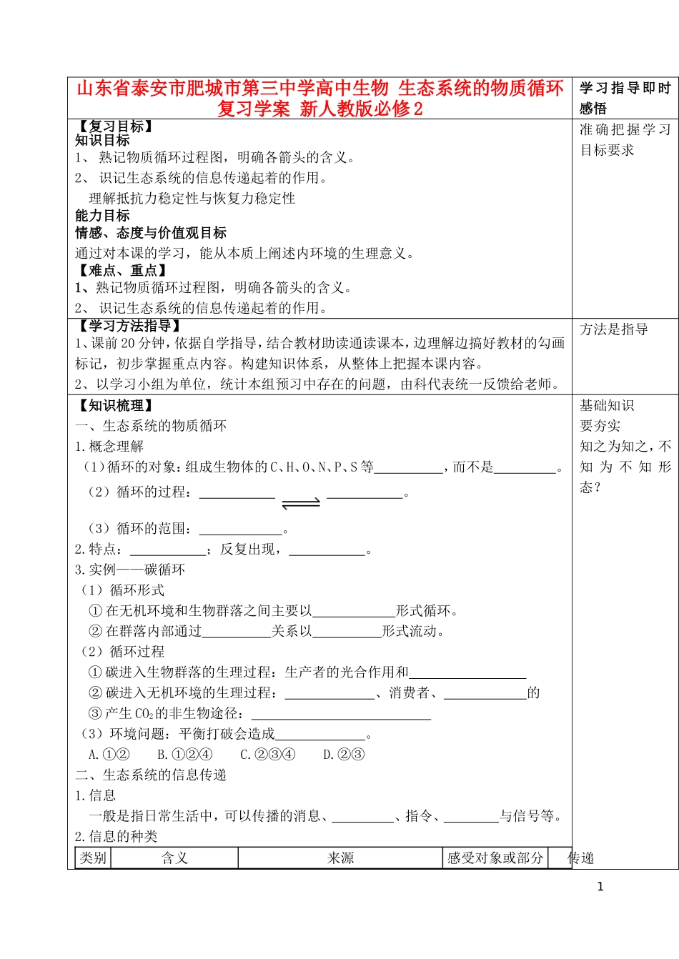 山东省泰安市肥城市第三中学高中生物 生态系统的物质循环复习学案 新人教版必修2_第1页