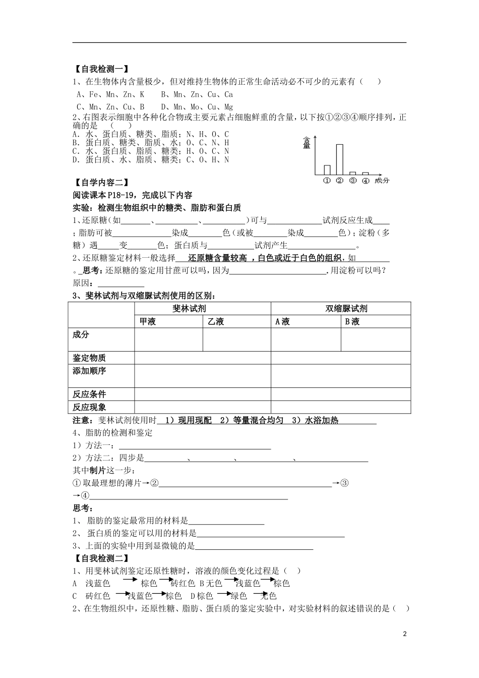 山东省文登市教育教学研究培训中心高中生物 第2章 第1节细胞中的元素和化合物学案 新人教版必修1_第2页