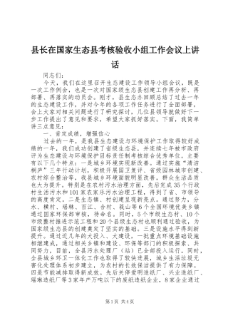 县长在国家生态县考核验收小组工作会议上讲话发言