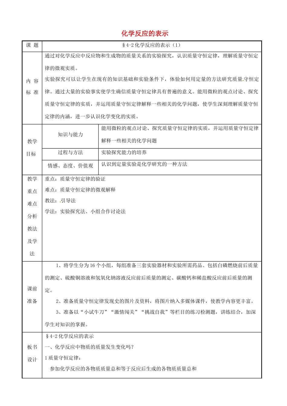九年级化学 第四单元第二节 化学反应的表示第一课时教案 鲁教版_第1页