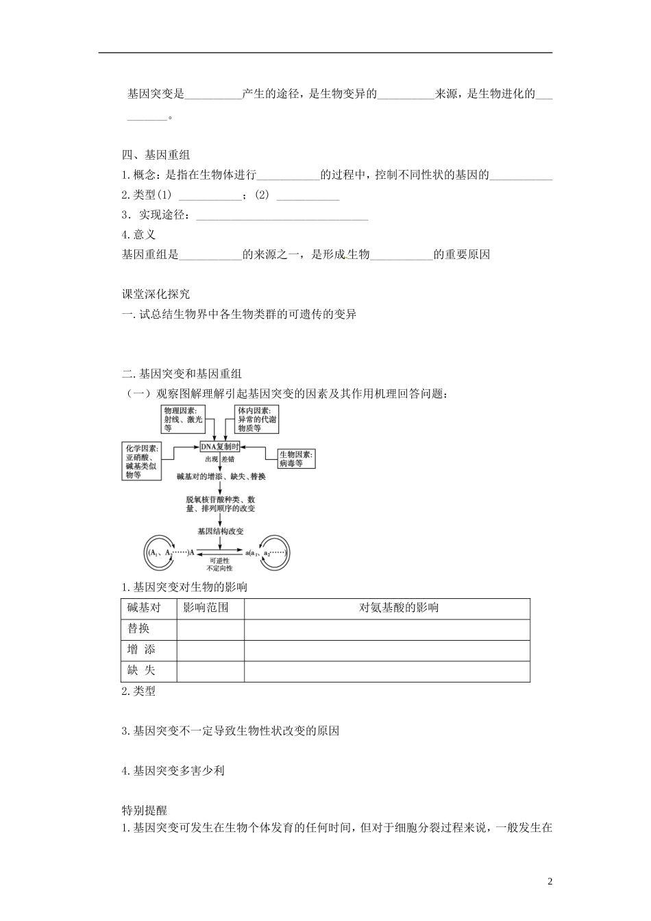山东省沂水县第一中学高考生物一轮复习 基因突变和基因重组（第1课时）学案 新人教版_第2页
