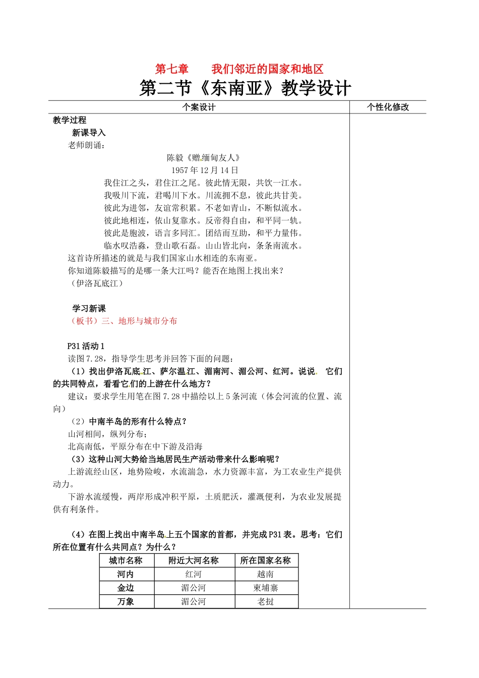 七年级地理下册 第2节《东南亚》教学设计（第2课时） 新人教版_第1页