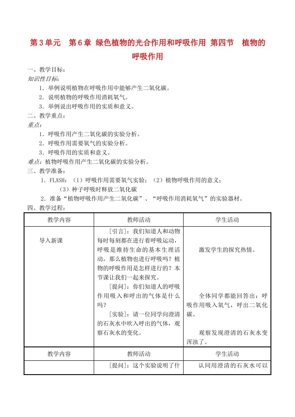 七年级生物上 第6章 绿色植物的光合作用和呼吸作用 第四节  植物的呼吸作用教案苏教版_第1页