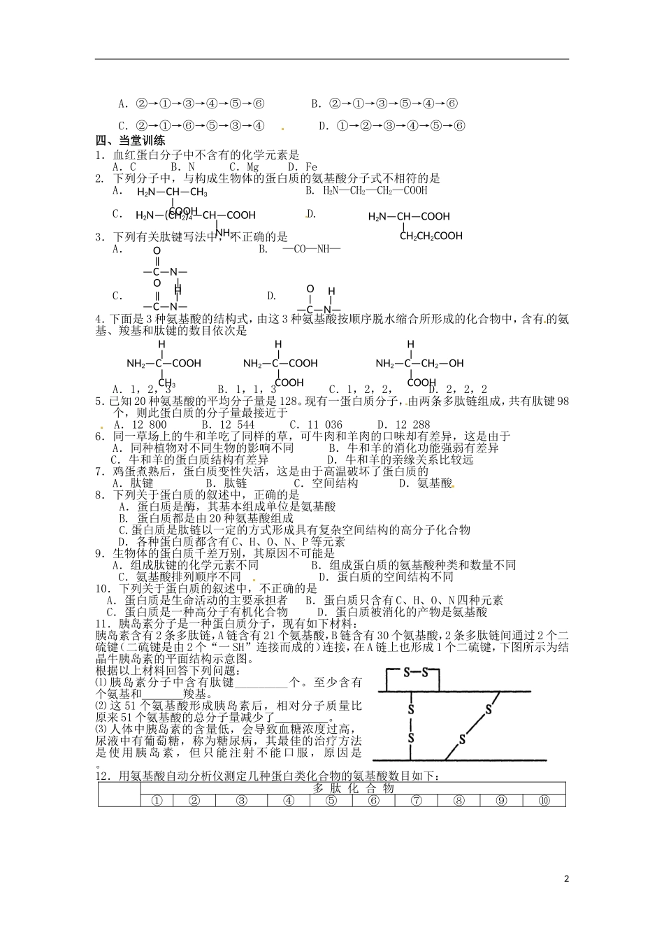 山东省淄博市高青县第三中学2103级高中生物 生命活动的主要承担者 蛋白质导学案 新人教版必修1_第2页