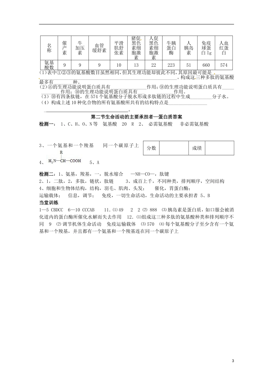 山东省淄博市高青县第三中学2103级高中生物 生命活动的主要承担者 蛋白质导学案 新人教版必修1_第3页