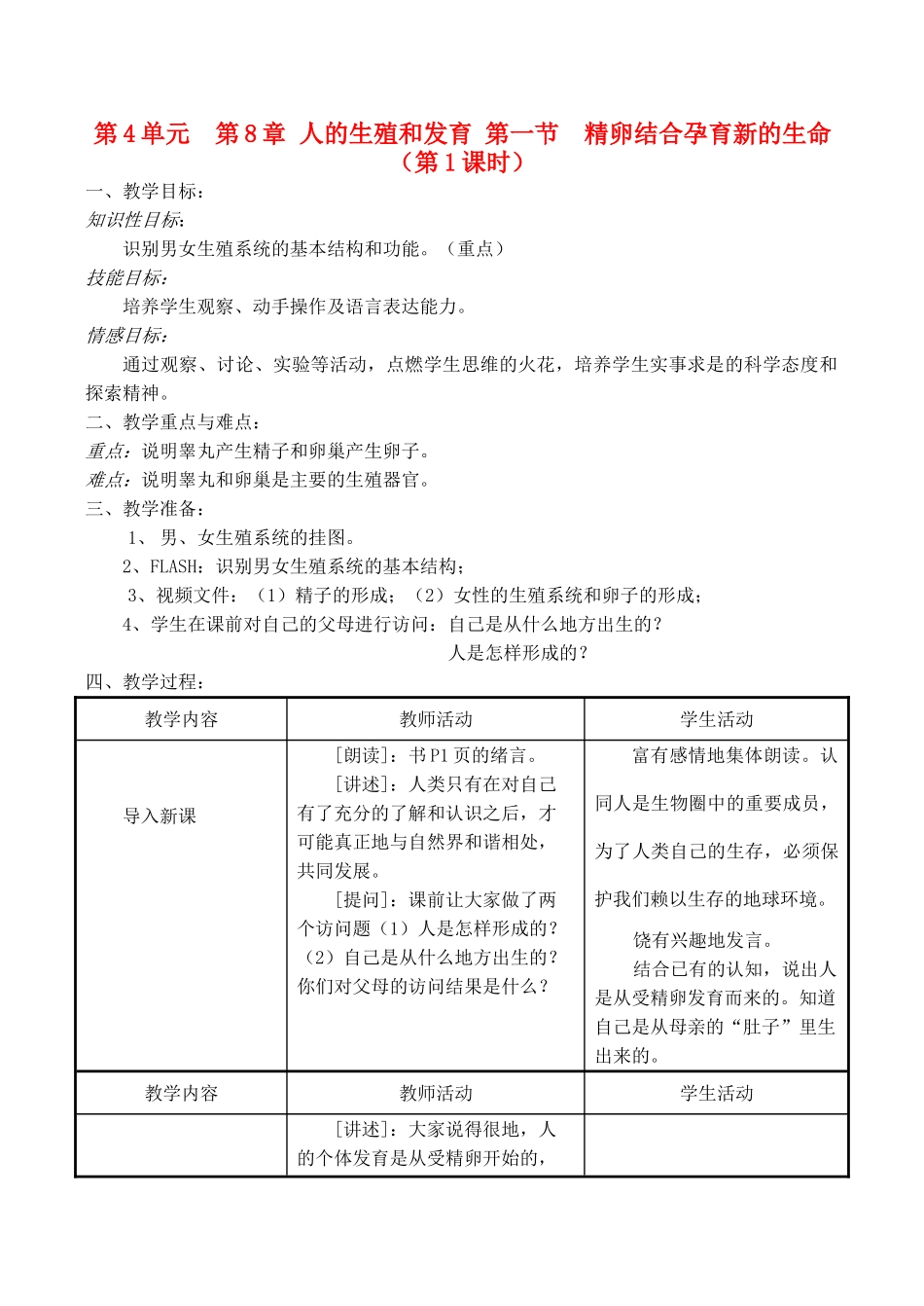 七年级生物上 第8章 人的生殖和发育 第一节  精卵结合孕育新的生命（第1课时）教案苏教版_第1页
