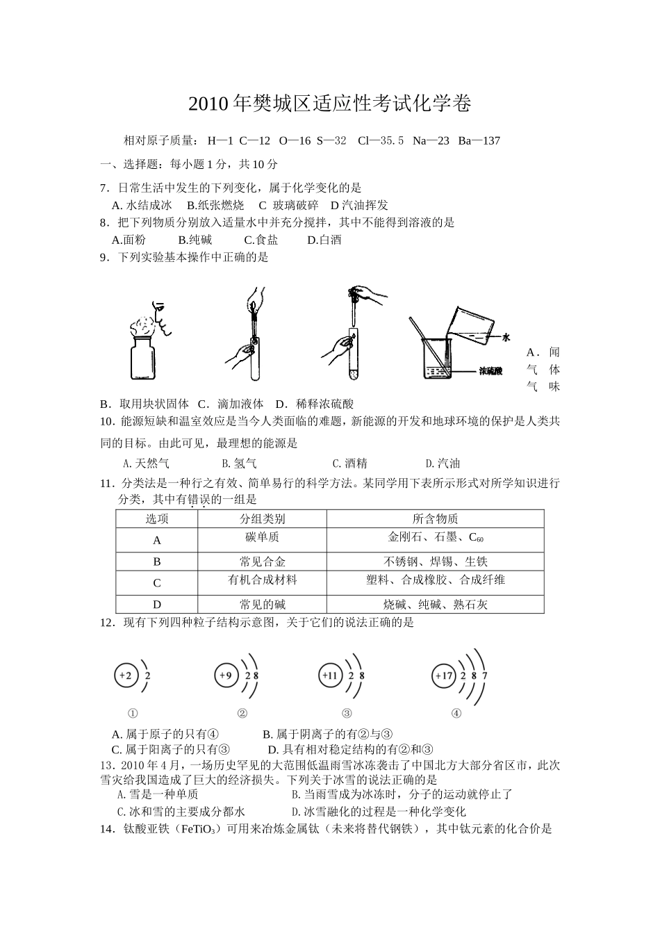 2010樊城适应考-化学_第1页