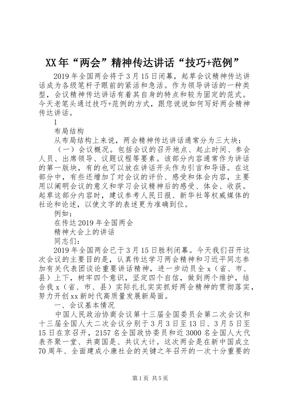 XX年“两会”精神传达讲话发言“技巧+范例”_第1页