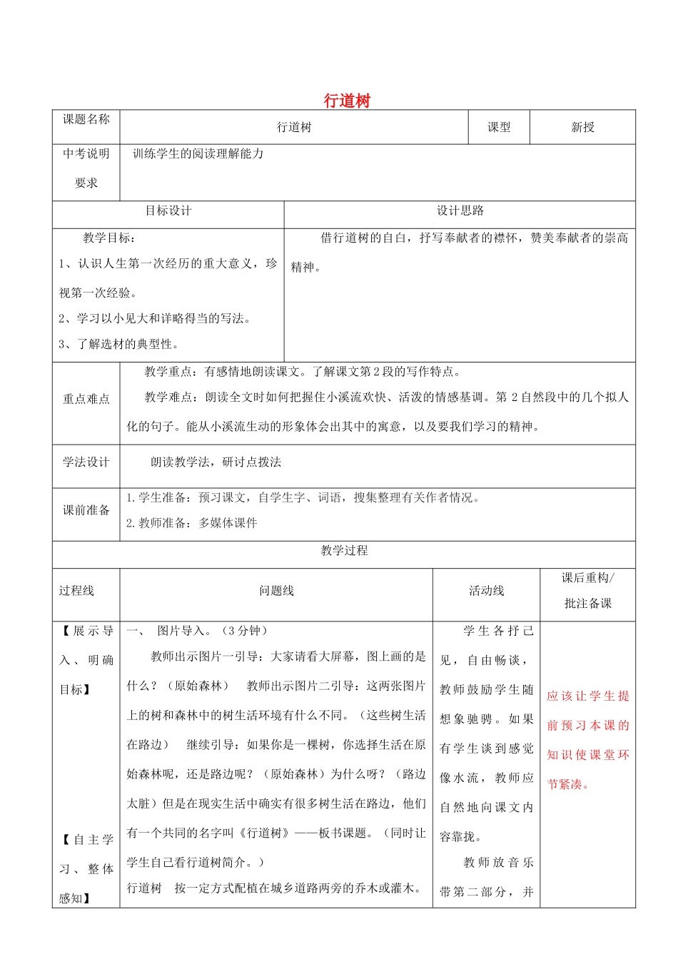 山东省济南市六年级语文下册 行道树教案 鲁教版五四制-鲁教版五四制小学六年级下册语文教案_第1页
