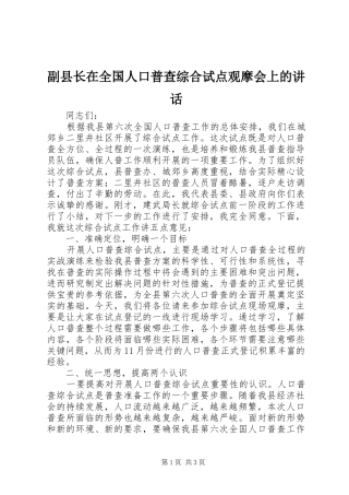 副县长在全国人口普查综合试点观摩会上的讲话发言