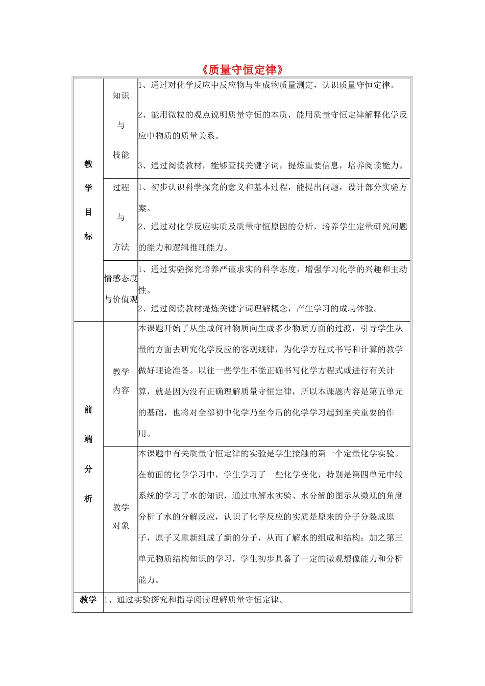 九年级化学上册 第7章 第1节《质量守恒定律》教学设计 京改版-人教版初中九年级上册化学教案_第1页