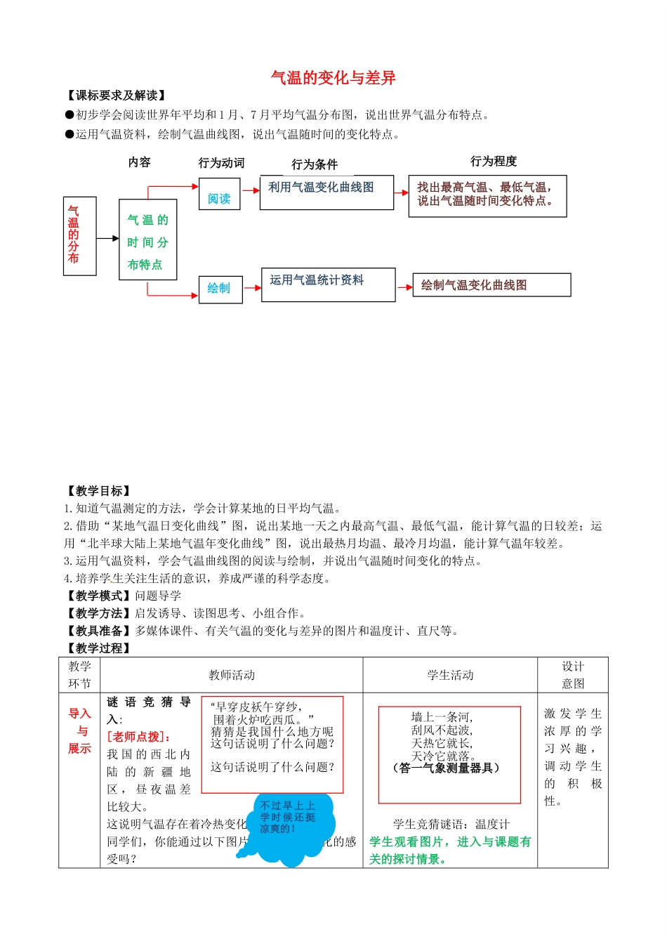 七年级地理上册 第4章 第2节 气温的变化与差异（第1课时）教案 （新版）商务星球版_第1页