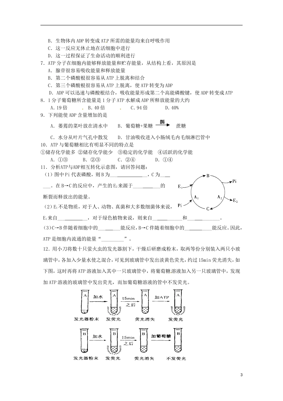 山东省淄博市高青县第三中学2103级高中生物 细胞的能量“通货”ATP导学案 新人教版必修1_第3页