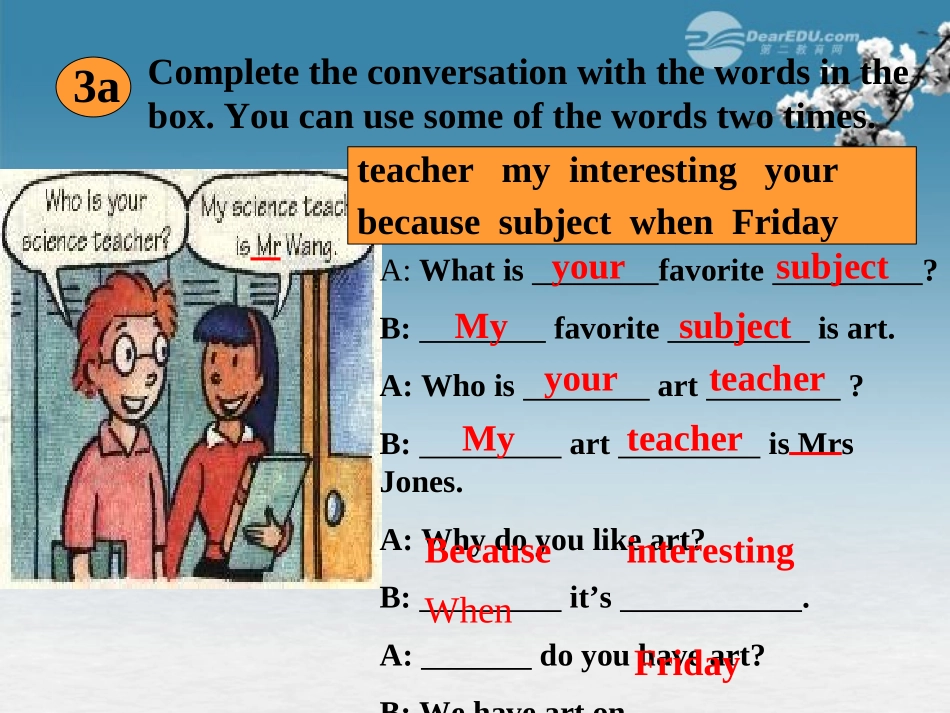 新疆乌鲁木齐第46中学七年级英语《My-favorite-subject-is-scienceA-2》课件-北师大版_第2页