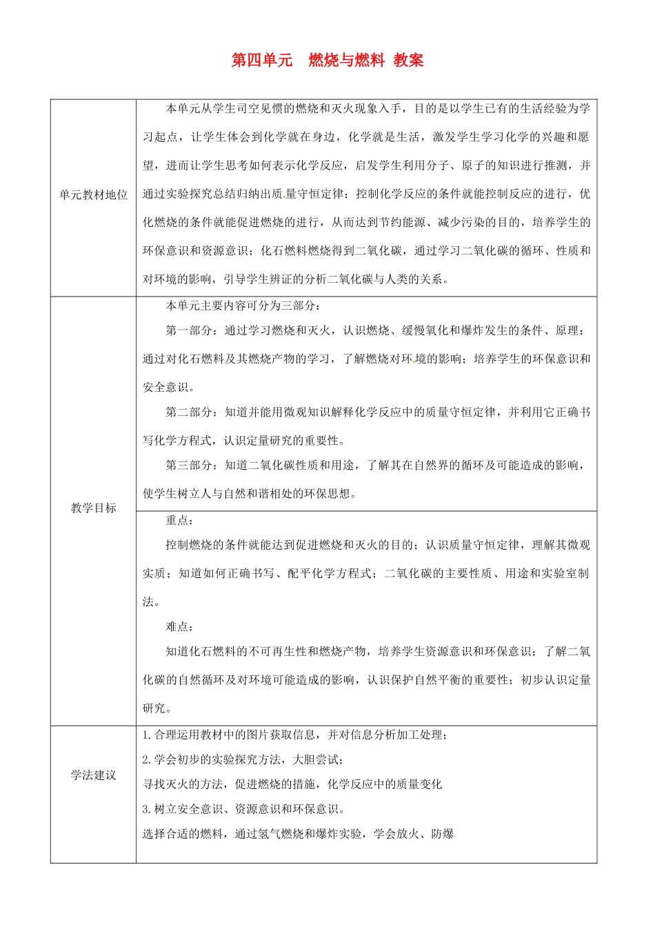 九年级化学 第四单元《燃烧与燃料》教案 鲁教版_第1页