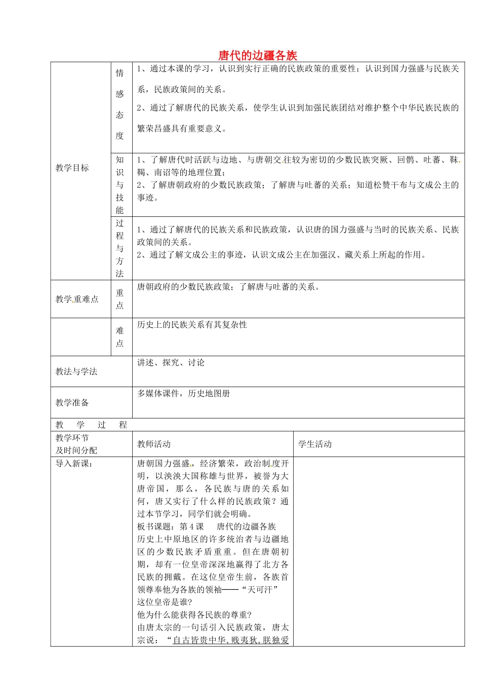 七年级历史下册 第4课 唐代的边疆各族教案 华东师大版-华东师大版初中七年级下册历史教案_第1页