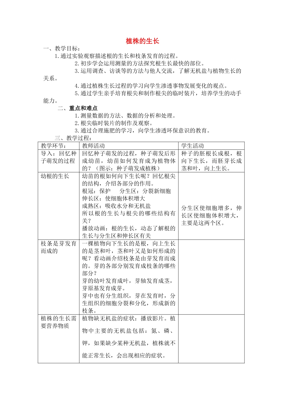 七年级生物上：第三单元第二章第二节 植株的生长 教案（人教新课标版)_第1页