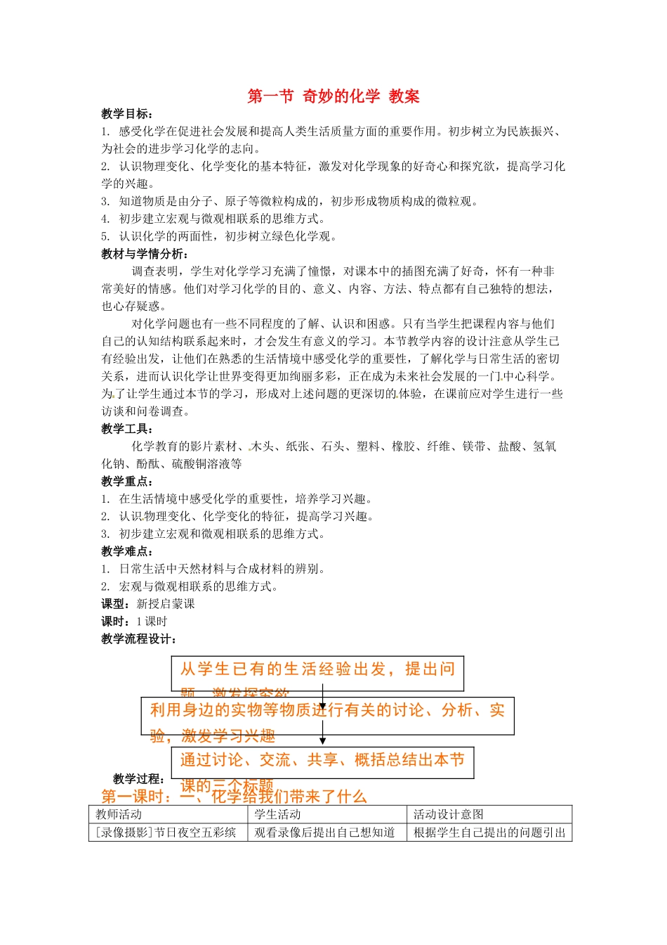 九年级化学 1.1《奇妙的化学》教案 鲁教版_第1页