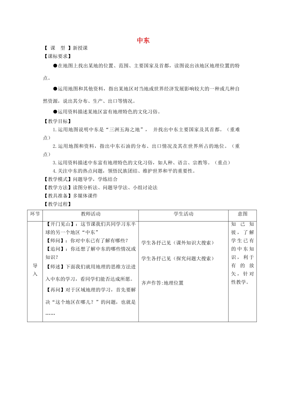 七年级地理下册 第七章 第2节中东教案 （新版）商务星球版-（新版）商务星球版初中七年级下册地理教案_第1页