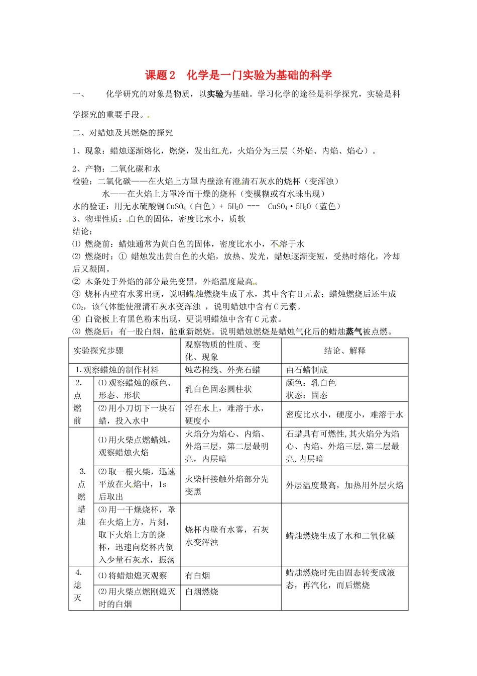九年级化学上册 第一单元 课题2 化学是一门实验为基础的科学考点复习教案 新人教版_第1页