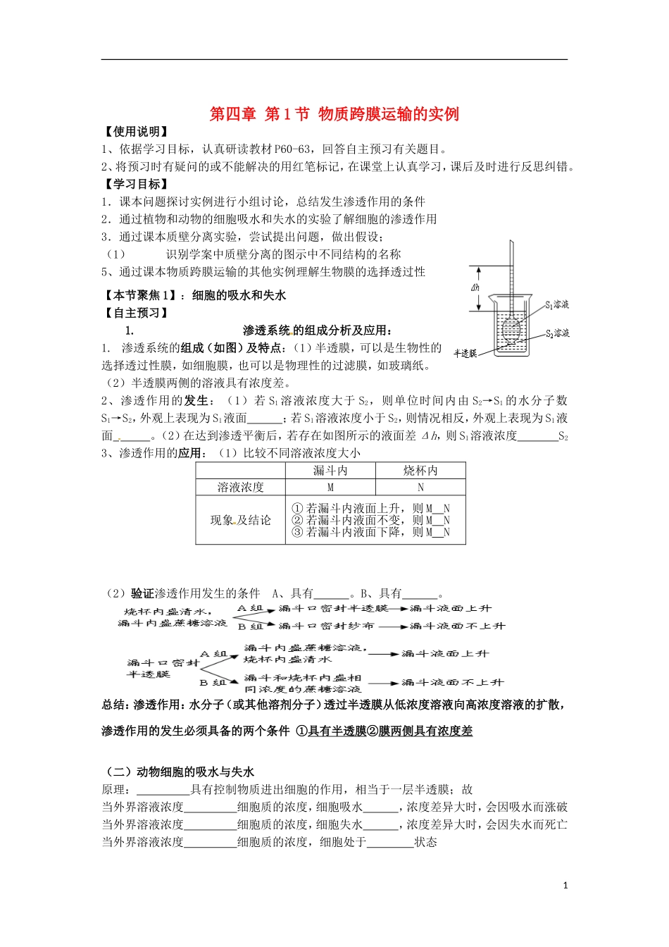 山东省文登市教育教学研究培训中心高中生物 第四章 第1节 物质跨膜运输的实例学案 新人教版必修1_第1页