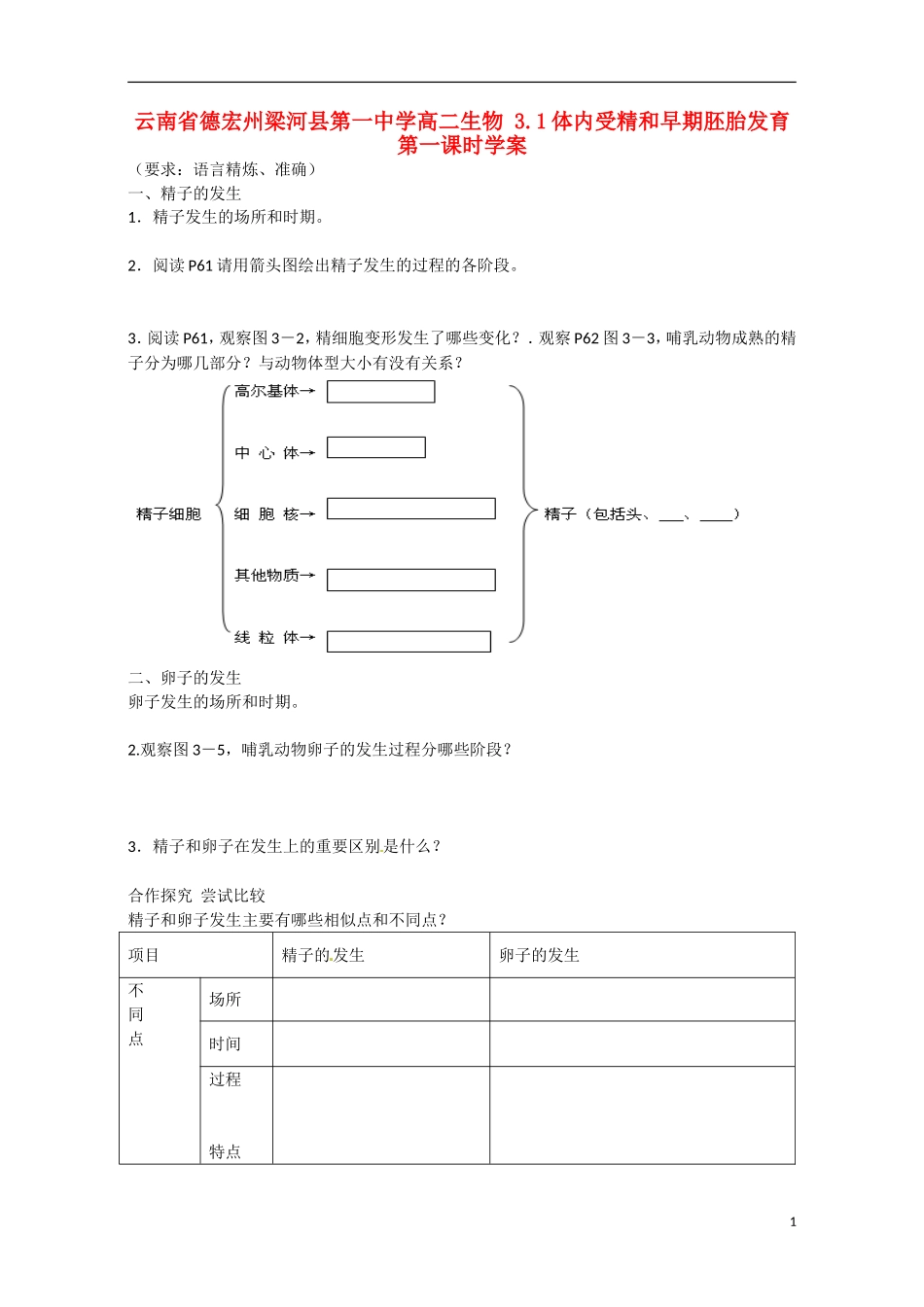 云南省德宏州梁河县第一中学高二生物 3.1体内受精和早期胚胎发育第一课时学案_第1页