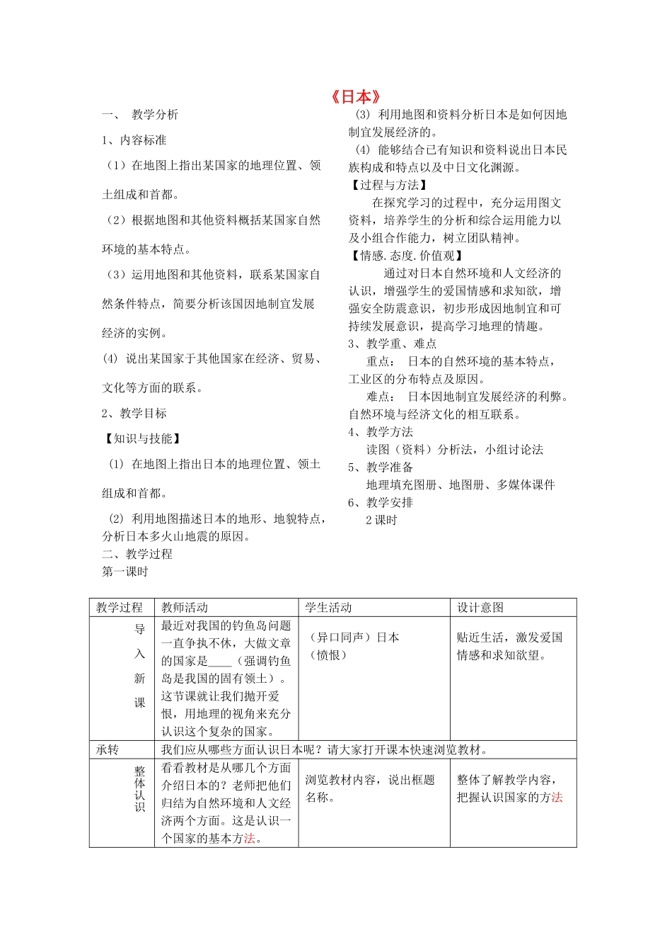 七年级地理下册 第七章 我们邻近的国家和地区 第一节 日本教学设计 新人教版_第1页