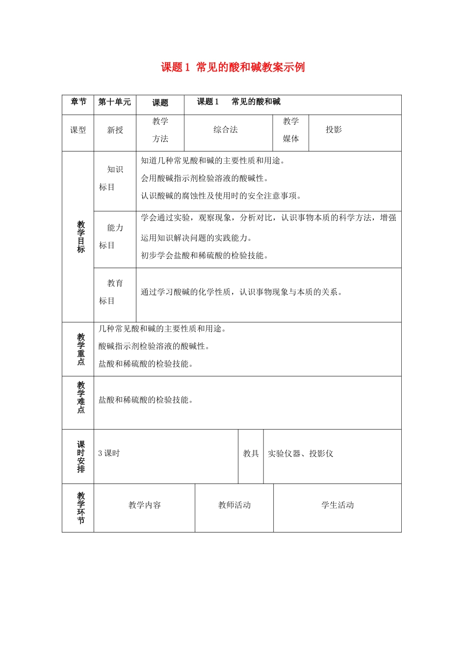 九年级化学 第十单元常见的酸和碱教案示例（3）人教新课标版_第1页