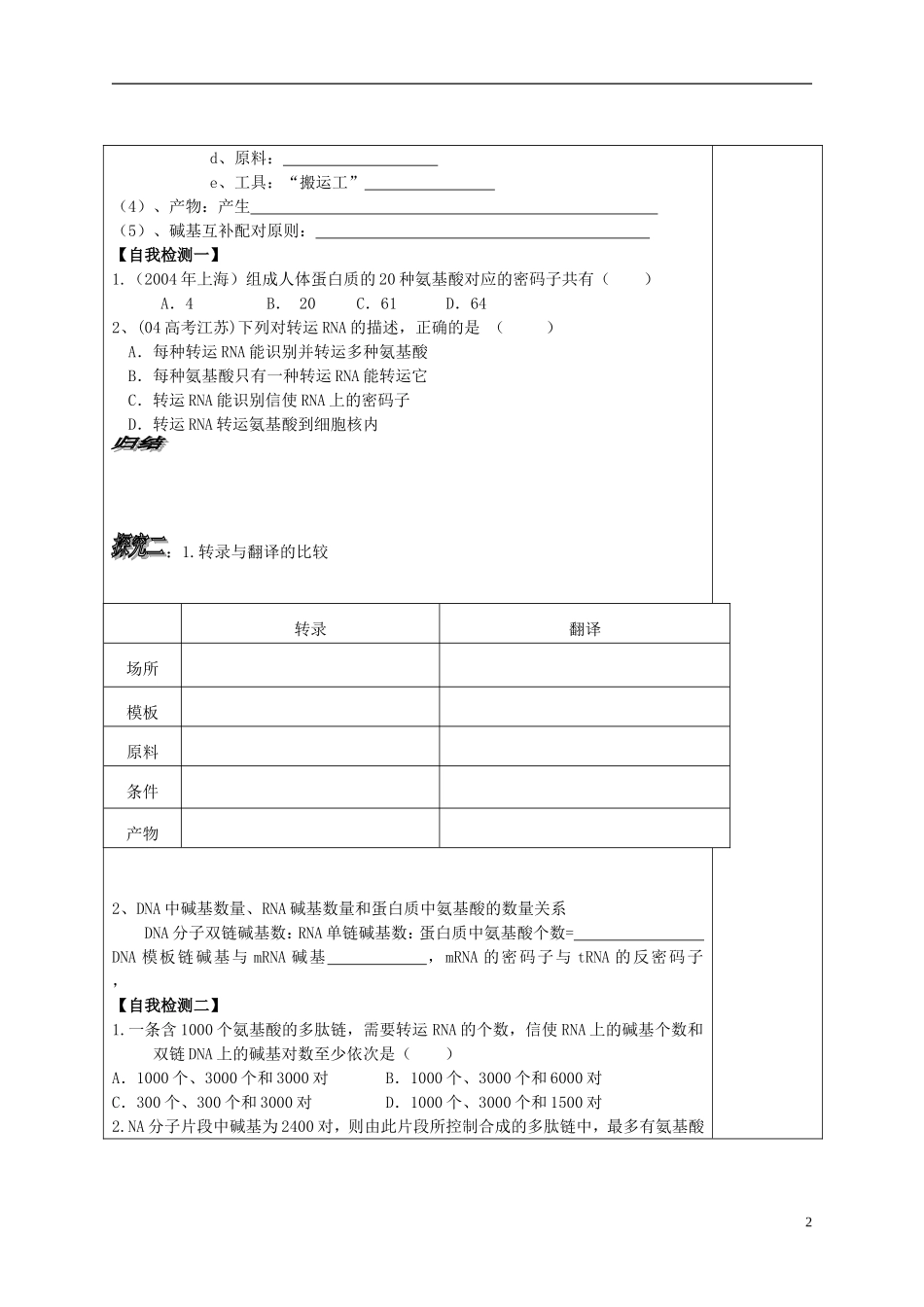 山东省文登市教育教学研究培训中心高中生物 第四章第一节基因指导蛋白质的合成（2）学案 新人教版必修2_第2页