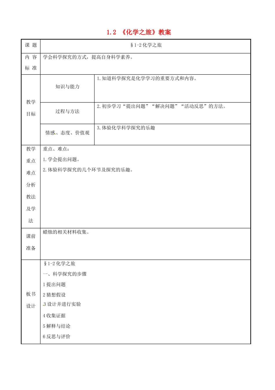 九年级化学 1.2《化学之旅》教案 鲁教版_第1页